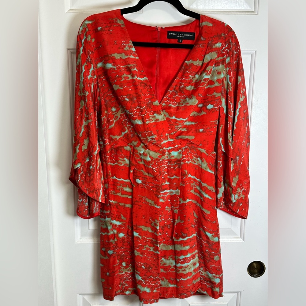 Twinkle by Wenlan Red and Gold Wrap Sundress with Bell Sleeves